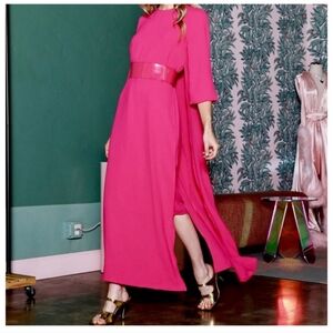 Pink Asymmetrical Dress with Bell Sleeves and Slit